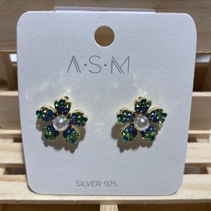 ASM Flower Green/Blue Rhinestone Pearl Stud Earrings